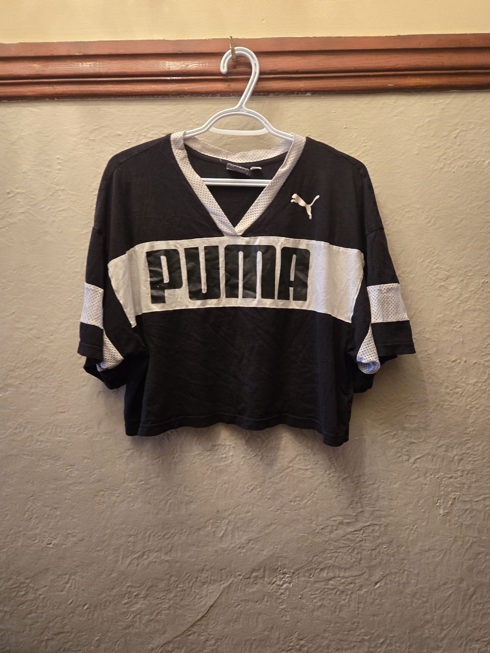 Y2K Puma Cropped Jersey Tee Black White Sporty Streetwear Oversized Boxy Top - Picture 5 of 11